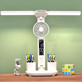 Lampe de bureau LED à double tête avec ventilateur et Horloge – مصباح مكتب مع منبه ومروحة مدمجة